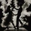 Placeholder: a dancing couple made of smoke, forming from a fireplace, thick smoke, puffy smoke