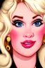 Placeholder: cartoon portrait of a very feminine, sexy European stewardess lady with long blonde hair and strong makeup, big smoky eyes, pouty inviting pink lips and large golden earrings