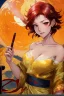 Placeholder: (Asian), short hair, fiery red hair hair, normal hands yukata, yellow clothes, 8k, best quality, winking, very dark night time, lighting from moon yellow moon, perfect, masterpiece, anime style, cartoon style,