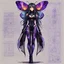 Placeholder: full body portrait illustration , long hair, with detailed blueprints and engineering schematics of a walking hybrid Madagascan sunset moth insect girl, antennae, black sclera, in anime style, with highly detailed facial features, drawings, and technical notation, 8k, vibrant natural colors, purple tight latex bodysuit