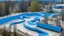 Placeholder: A light palish blue skatepark in the scrublands painted by the Limbourg brothers