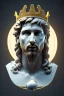 Placeholder: Ultra Realistic image, classical renaissance sculpture, white marble material, Lionel Messi, sun radial crown, chisel style, waist up portrait, epic, celestial, gold, cinematic lighting, God light, god rays, 4k resolution, smooth details, ornate details, soft lighting, unreal engine 5, marble background.