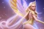 Placeholder: beautiful, very soft, big smiling, very straight and long blonde hair, dewy and shiny vibe, diamond crown, long fairy wings in the back, soft and young full head, golden veil clothes,big smiling smiling, bachground lights pink and blue, neat a acstle