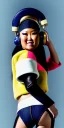 Placeholder: Asa Akira, thick thigh, thick calves. Bar at right showing Fashion colors in 2023. Style futurism, 1996, daft punk around the world,details,.Mantle is sewed of recycled Denim and sewed together felt pieces.Big headphones, with gold rings, is merged with small felt cap with small visor. A bag is integrated to the mantle. Big camouflage Patterns are composed of orange, cream, blue, lilac and purple. LATEX (blue). It is with big bright purple felt tippet and cream-colored-hood. tippet, Apricot Crus