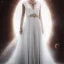 Placeholder: model shoot style, digital art zoomed out portrait of (Princess Leia) ((dressed in white and off white gown)), surrounded by 100 planets, ultra-detailed, ultra quality, illustration, eerie atmosphere, 8k, cinematic lighting