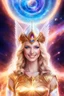 Placeholder: cosmic woman angels smile, admiral from the future, one fine whole face, crystalline skin, expressive blue eyes,rainbow, smiling lips, very nice smile, costume pleiadian, Beautiful tall woman pleiadian Galactic commander, ship, perfect datailed golden galactic suit, high rank, long blond hair, hand whit five perfect detailed finger, amazing big blue eyes, smilling mouth, high drfinition lips, cosmic happiness, bright colors, blue, pink, gold, jewels, realist, high commander,ufo rainbows