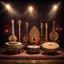 Placeholder: Hyper Realistic Set of Indian Musical Instruments like Tabla, Sitar, Sarangi, Harmonium, Flute & Dholl on an Indian traditional dark stage with stage lights & rustic background