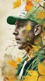 Placeholder: background old, cracks, yellow, torn canvas, gouache, double exposure, man, baseball cap, 40 years old, fine drawing, blots, newspaper scraps, leaves, green, autumn, city, branches, rowan, 8K, double exposure