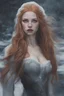 Placeholder: Vampire, eye candy Alexandra "Sasha" Aleksejevna Luss oil paiting style Artgerm Tim Burton, subject is a beautiful long ginger hair female in a snowy seascape in the ice vampire