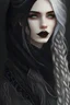 Placeholder: Realistic digital art, full body portrait, ethereal, mature, beautiful and attractive young gothic goddess, freckles, cute nose, black hair and white hair, long wavy braided hair, full lips, sweet smile, pale skin, freckles, dark black lipstick, thick dark gothic makeup, piercings, wearing a dark black stitched hooded scarf, tattoos, Nordic patterns, messy hair, glowing aquamarine eyes, white tattoos, digital art, masterpiece, trending on artstation