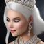 Placeholder: Ice Princess with white hair smilling, a crown with precious stones, bright background