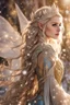 Placeholder: Elven princess,elven crown,long white blonde golden hair,rapunzel hair,ice flowers,beautiful,light blue,dark blue,golden armor,sparkle,glitter,ice flowers,snow,elven ears,dark fairy princess