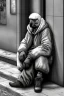 Placeholder: One single mature homeless cockatoo with worn out clothes, sleeping in a corner on the street, Vienna, mourning, model style, hyper realistic, extremely accurate, delicate, extremely detailed, Graphic novel style, wide-angle, open aperture, superfine pencil