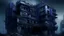 Placeholder: A dark, moody, and surreal depiction of a decaying, multi-story building with organic, web-like structures clinging to its exterior. The architecture appears to be crumbling, with numerous dark, cavernous openings on each level. The color palette is dominated by deep blues, purples, and grays, creating an unsettling and mysterious atmosphere. The sky above is cloudy and dimly lit, with hints of celestial bodies visible, suggesting a desolate and alien landscape. The overall impression is one of