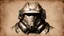 Placeholder: fallout, Da_Vinci, (Enclave:1.5) power armor helmet, sepia, ink drawing