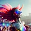 Placeholder: Ultra Realistic photo, medium shot view, drunken dancer bikini woman, carnival scene, monster hair, steampunk. Red hair, confeti, Sunglasses, smile, happy, festival, gradient color fog. highly detailed, concept art, unreal engine 5, ray tracing, RTX, lumen lighting, ultra detail, volumetric lighting, 3d, finely drawn, high definition, high resolution.