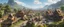 Placeholder: A busy market in beautiful sunny countryside scene with distant hills & fields, many intricate dwellings, a clock-house, many raised pathways & stairways, walkways & bridges, waterfalls & a waterwheel : ultra high detail, photorealistic, epic cinematic, 8K, Large depth of field