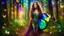 Placeholder: Full body Gorgeous Photography Realistic Natural Beautiful butterfly girl with shiny brown flowing hair, glitter colorful butterfly wings, lovely glowing green eyes, surrounded by magical colorful forest and flickering lights, digital photography, kaleidoscope, vibrant colors, vivid colors, colorful, she walk in magic forest