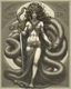 Placeholder: full-length, detailed persona, sword in hand, gorgon medusa, from the back, half-turn, full-length, leans on one leg, snakes on the head instead of hair