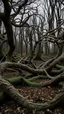 Placeholder: Close-up of the strangely shaped trees in Hoia Baciu Forest, with twisted and bent branches