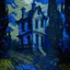 Placeholder: A periwinkle haunted mansion filled with ghosts painted by Vincent van Gogh