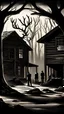 Placeholder: noir, atmospheric, shadows, cinematic, Black and white drawing, Three men with deer heads conjure outside a wooden house, viewed from afar, somber tones, high quality, suspenseful, menacing.