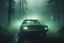 Placeholder: hiper-realistic UNREAL ENGINE beard guy detective view drives car in a misty dark mountains forest at night with strange light green in the mist, David Lynch movie still