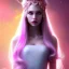 Placeholder: beautiful, soft, smiling face, whole head, long straight blonde hair blues eyes, crown on the head, clothing in transparent bluish and pink veil, background brillante bluish and pink, hight definition, 8K