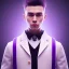 Placeholder: man, cute face, white highlight hair, brown eye, white, skin, purple suits, futuristic, science, purple, blue, dark pink background lighting, technology, profile, asian boy, square face, light orange