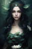 Placeholder: Dark green Water lilies Dark curls long hair Dark Fairy princess rapunzel hair queen crown dragonflies fireflies elven tiara flowers fairy wings saphire