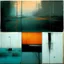 Placeholder: Minimal abstract oil paintings of a desolate 1960. Orange wires. On the floor are concrete fragments and road markings . In the dark mysterious style of Justin Mortimer and Francis Bacon. Triadic colours