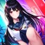 Placeholder: Clear focus, High resolution, long black fluffy hair, red eyes, chopped bangs, wearing a sailor uniform, wearing a sailor skirt, colorful, hollywood, female, human, mortal, thin legs, no outlines, extreme close up