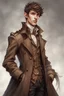 Placeholder: elf man of twenty years old, with brown eyes, short brown hair, dressed in a steampunk style trench coat.