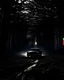 Placeholder: Dark Forest Drive: A couple in a car driving through a dense, dark forest with tall, shadowy trees. The headlights illuminate the eerie, twisted branches ahead, creating an ominous atmosphere.