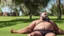 Placeholder: close up photography of a chubby sensual bearded marocan burly ugly stocky 65 years old , relaxing on the grass , in a garden, sunlight, manly chest with tank top, short pants, open legs, photorealistic, side view, ambient occlusion