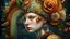 Placeholder: Beautiful humanoid lady wearing lace patterned snail portrait, with extremely textured house adorned with lace beads, black diamonds and leaves orange, green beige. Brown ginger leaves white flowers bioluminescense water drops Organik bio spinal ribbed detail of rococo ornate full floral creative background extremely detailed hyperrealistic maximálist concept art