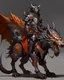 Placeholder: A combination of a dragon and a wolf and a commander riding on it Warrior warrior with leather and metal clothes and robotic metal