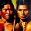 Placeholder: Fullbody Portrait oil on canvas of 'amazon jungle tribal warriors'wooden masks,spears,hyperrealism,intense stare,Ambiance dramatic,painting by Arthur Adams,Earl Norem,Caravaggio,simon Bisley,frazetta,Howard,西嘛哒, evan lee, Vallejo,kelly , cinematic composition, extreme detail,fit full body inside picture,8k