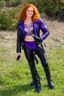 Placeholder: Debby Ryan, smiling, Heavy Metal t-shirt, Black Leather biker's jacket, Black leather pants, Platform boots, midday, bright sunlight, extremely colorful. Big, fluffy hair, Debby Ryan has Auburn Red hair, green eyes, She is standing next to ((THE PHANTOM, an extremely muscular man who wears a one-piece, formfitting purple body suit with tribal designs lightly woven into the fabric. He also wears a cowl, eye mask, black boots, black gloves, double holstered pistol belt