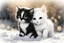 Placeholder: black and white chibi kittens playing in the snow in the sunshine, watercolor and black ink outlines, sparkling golden glitter, ethereal, cinematic postprocessing, bokeh, dof