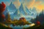 Placeholder: Epic landscape with mountains and lagoon, concept art, impressionism influence, realistic painting