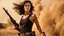 Placeholder: beautiful slender caucasian female technician, black tank top, well toned muscles, weathered face, scratched sand camo metal details, short brunette wavy bob haircut, dystopian, desert scene, being hit by a bullet, explosions in background, wounded by gunfire