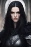 Placeholder: portrait of a athletic woman warrior, long black hair, redish eyes, pale skin, black medieval armor, black fur cloak, comicbook art style