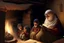 Placeholder: A close-up scene of an Arab mother reading the story from a book with her children around her in the room of the old wooden house near the fireplace 100 years ago.