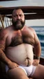 Placeholder: photography of a burly marocan fisherman sunbathing sitted in a fisher wooden boat, in little white french briefs, tattoo, manly chest, ugly, 54 years old, bullneck, white long beard, dreadlocks, muscular chubby, angry eyes, photorealistic, Canon EOS, 8k