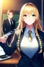 Placeholder: girl, masterpiece, best quality, cinematic lighting, detailed outfit, perfect eyes, golden hair, green eyes, long hair, braided ponytail, office lady, side shot, working at desk,