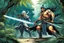 Placeholder: (in the style of Orion, by Masamune Shirow) DUEL: a tattooed gangsta monk with his staff fights against a paladin knight with his two handed sword zweihander in the jungle