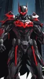 Placeholder: A close picture to Mix between symbiote and machine and batman in transformers cyborg with black metal and red details armor in solo leveling shadow art style with red details detailsis in fantasy world
