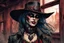 Placeholder: highly detailed concept illustration of an alternate reality Wild West female vampire anti heroine bounty hunter in an abandoned saloon ,maximalist, sharp focus, finely detailed facial features, highest resolution, in the styles of Alex Pardee, Denis Forkas , and Masahiro Ito, boldly inked, 8k, UHD, coarse, gritty, and dusty textures