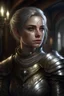 Placeholder: portrait of a beautiful female paladin, holy, short messy ashen hair, pale grey eyes, pale skin, undead, goodness, confident, dressed in an ornameted revealing light plate armor, wearing a silver circlet, standing in a tavern, realistic, dim lighting, ocult, petite, cinematic lighting, highly detailed face, very high resolution, looking at the camera, centered
